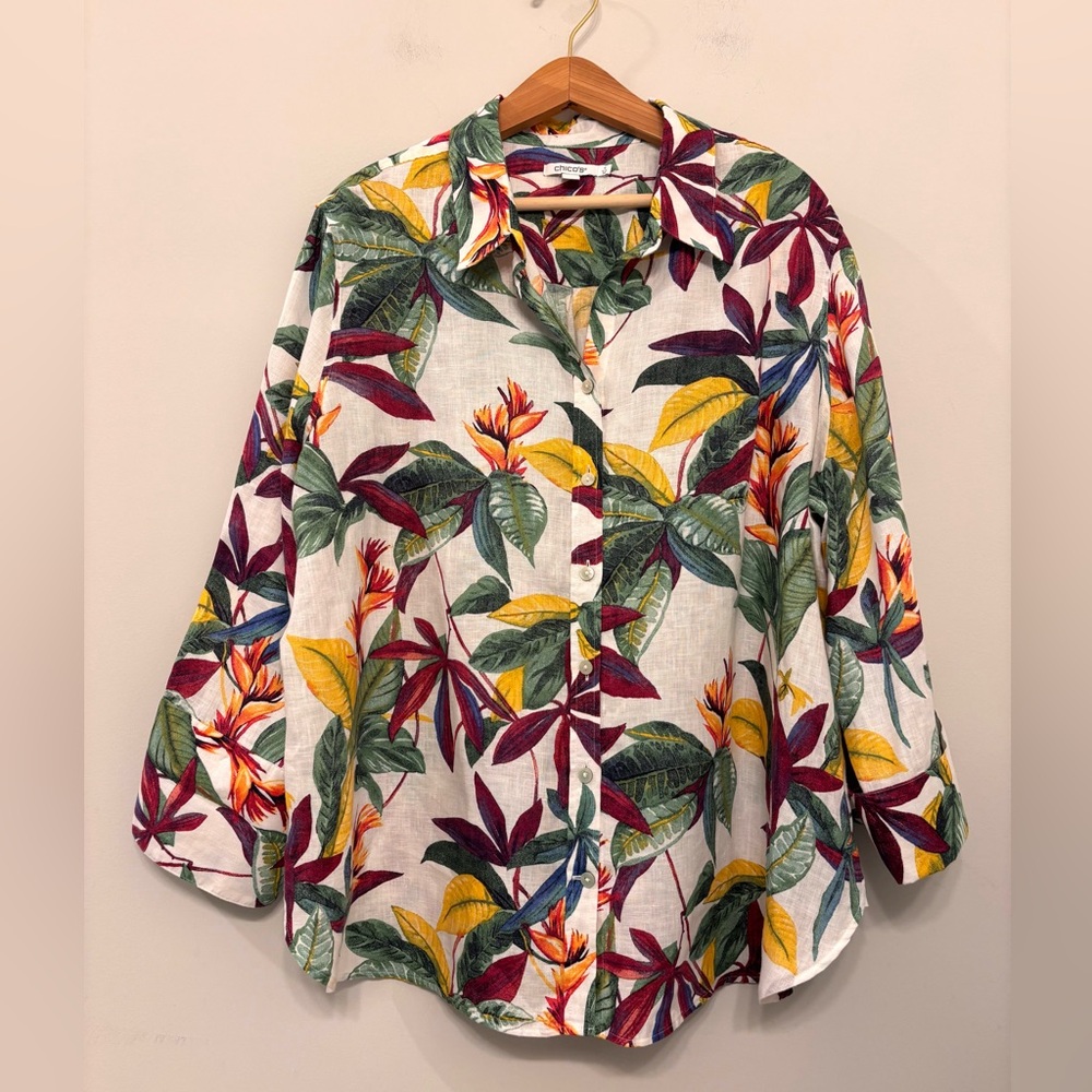 CHICO'S‎ 100% Linen Tropical Shirt Button Front 3/4 Sleeve Women’s 4/US 20, NWOT